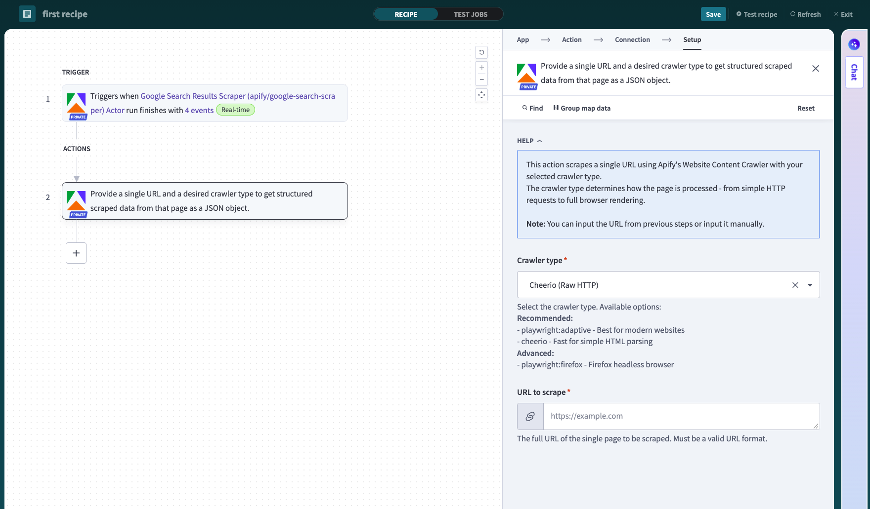 Screenshot of the scrape single URL action configuration in Workato